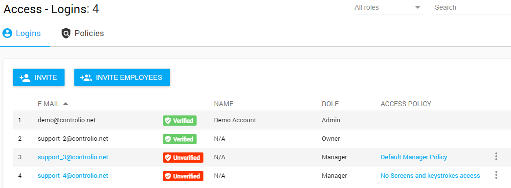 Controlio Access and Logins Dashboard