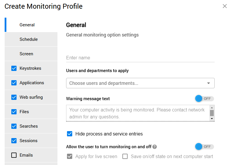 Creating monitoring profile with Controlio software