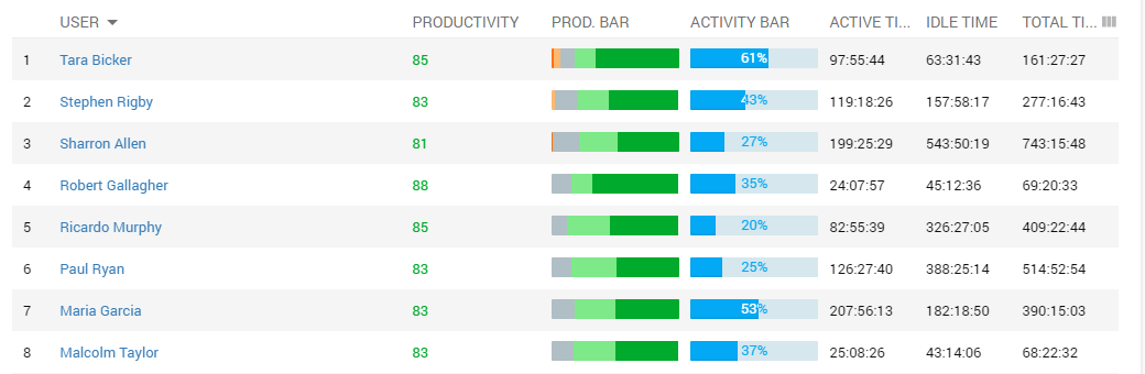 Productivity Scores section of the Controlio dashboard