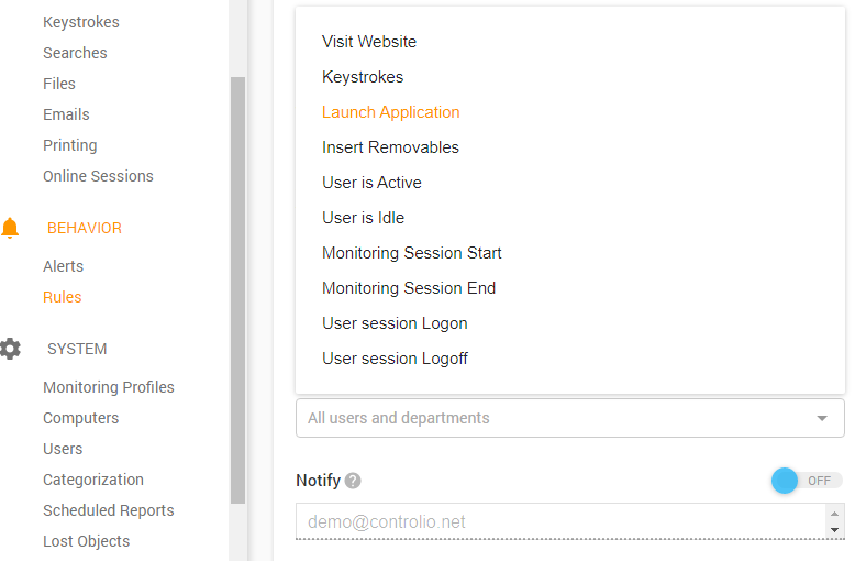 Controlio delivers alerts on a number of activities like using removable storage devices or entering specific keywords