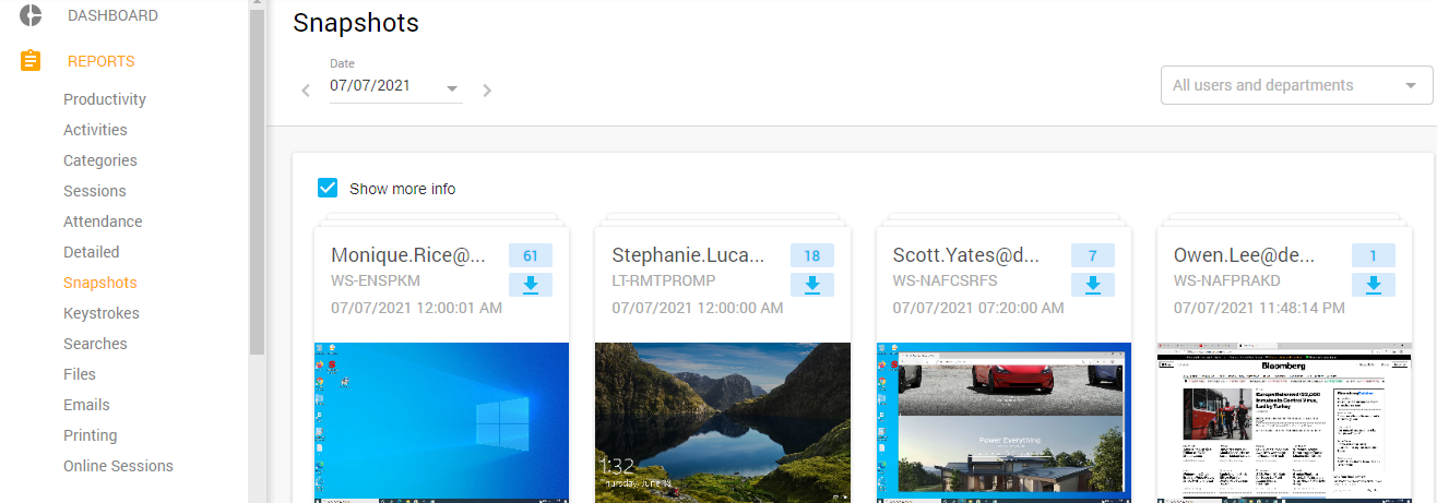 You can also avail of the Snapshots report, which contains thumbnails of users’ screens