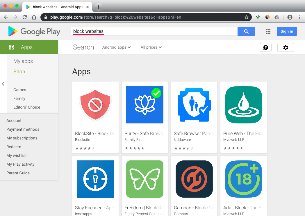 Adding a blocking site application from Google Play Market